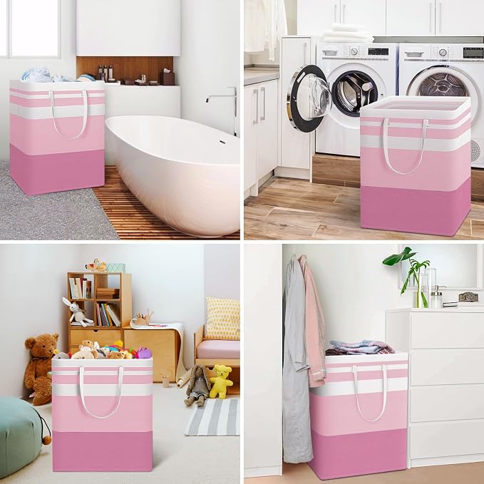HomeHacks 2 Pack Laundry Baskets, Laundry Hampers Bags (Grey+Pink 125L) | Waterproof, Freestanding, Collapsible Clothes Hamper with Reinforced Handles in Laundry Room, Dorm, Bathroom, Bedroom