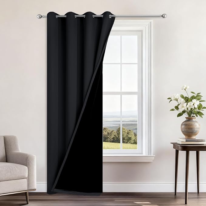 Yakamok Black Blackout Curtains 96 Inches Long for Bedroom 52" Wide 1 Panel | Blackout Curtain Panels for Bedroom, 2 Thick Layers Grommet Top Thermal Insulated Drapes with Black Liner for Living Room