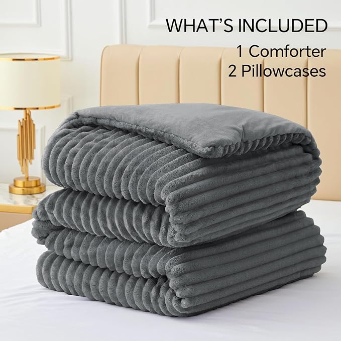 BEDELITE Fleece Oversized Queen Comforter Set, Fluffy Bed Set, Grey | Super Soft & Warm Bedding, Luxury Fuzzy Faux Fur Comforter for Winter, Heavy Plush Bedding, with 2 Pillowcases