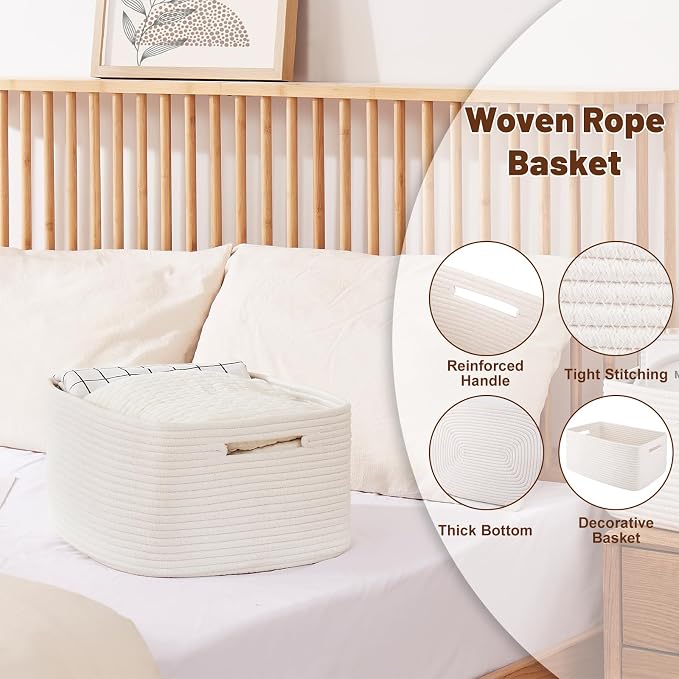 OIAHOMY Storage Basket for Shelves, Closet Cube Storage Bins Baskets for Clothes Blanket Towels, Baby Nursery, Toy Baskets Box, Woven Rope Basket, 17.72 * 12.99 * 7.87 IN, 2 Packs White