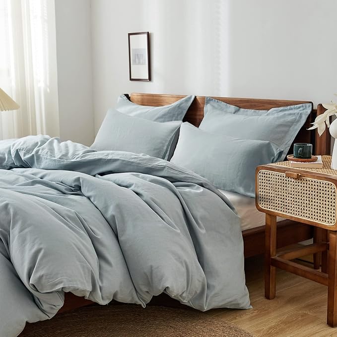 Simple&Opulence 100% Washed Linen Duvet Cover Set 5pcs(1 Duvet Cover& 2 Shams& 2 Pillowcases) Basic Style Natural French Flax Soft Breathable Farmhouse Bedding (Queen, Dusty Blue)