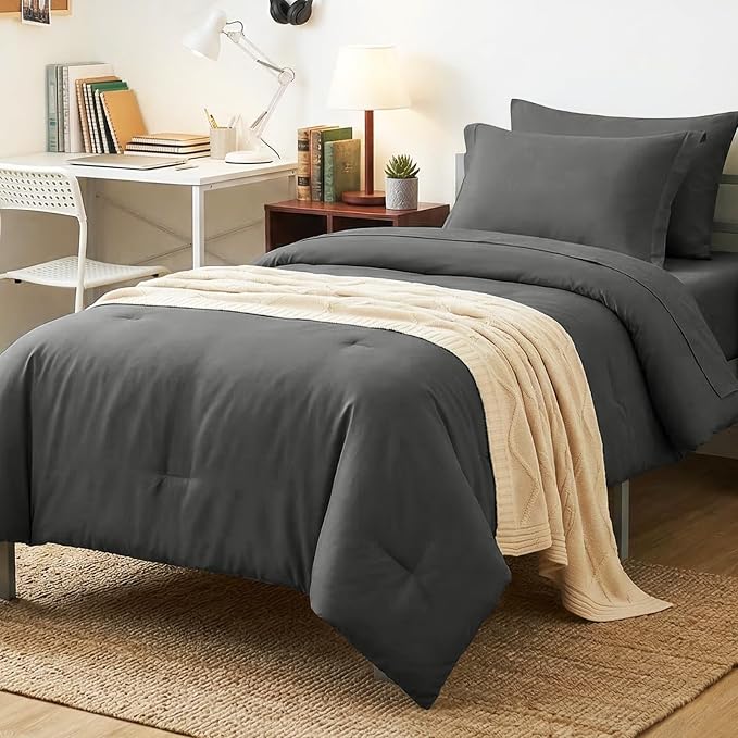 Twin Comforter Dark Grey, 5 Pieces Bed in a Bag | College Dorm Essentials, OEKO-TEX Certified, 240GSM Down Alternative Comforter, Flat & Fitted Sheets, Pillowcase & Sham