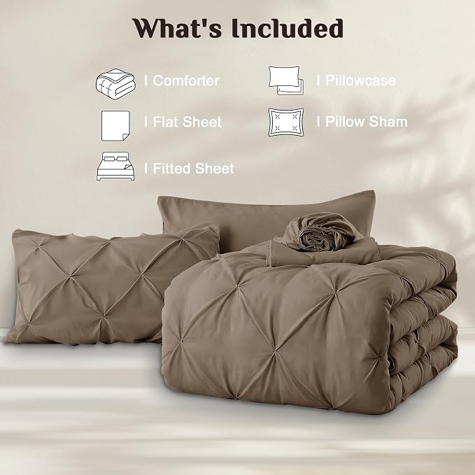 JOLLYVOGUE Twin Comforter Set 5 Pieces - Bed in a Bag Twin for All Season, Pintuck Bedding Comforter Sets with Comforter, Flat Sheet, Fitted Sheet and Pillowcases & Shams, Brown