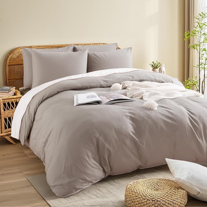 NEXHOME PRO Duvet Cover Set Twin Size Linen Look Textured Organic Natural 100% Washed Cotton Duvet Cover Linen Cream Grey 2 Pieces Bedding Set with Zipper Closure, Breathable (No Comforter)