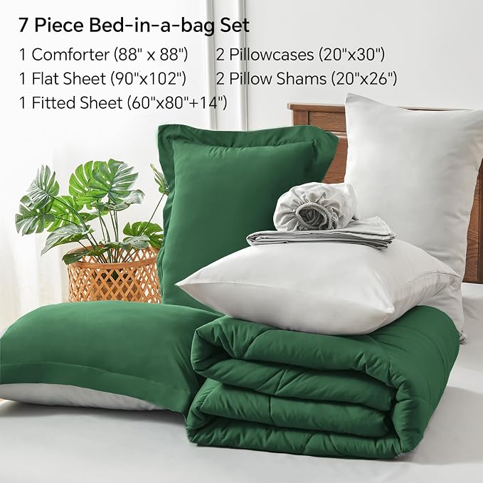 BEDELITE Queen Comforter Set 7 Pieces, Reversible Dark Green Bed in A Bag | Soft All Season Down-Alternative Comforter, Sheets, Pillowcases & Shams, OEKO-TEX Certified Bedding for Bedrrom, Guest Room