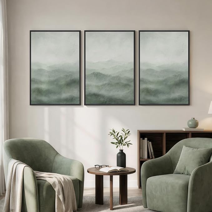 Large Framed Green Abstract Wall Art for Living Room, 3 Piece Set 24x36 In | Minimalist mountain landscape pictures, Canvas prints, Wood frame, Modern nature painting, Wall decor for bedroom dining room