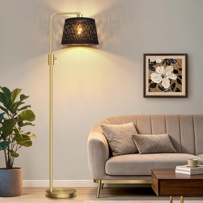 【Upgraded】 Dimmable Gold Floor Lamp, 1000 Lumens LED Edison Bulb Included, Arc Black Floor Lamps for Living Room Modern Standing Lamp with Black Grid Shade, Tall Lamps for Living Room Bedroom Office