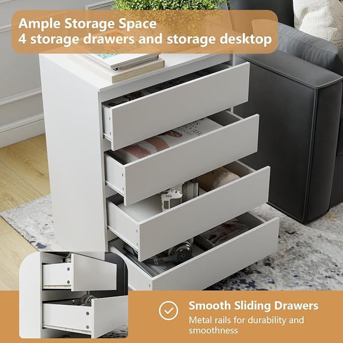 Vibe & Dine 4 Drawer Dresser, Modern Chest of Drawers Without Handle, Wooden Tall Nightstand for Bedroom, White