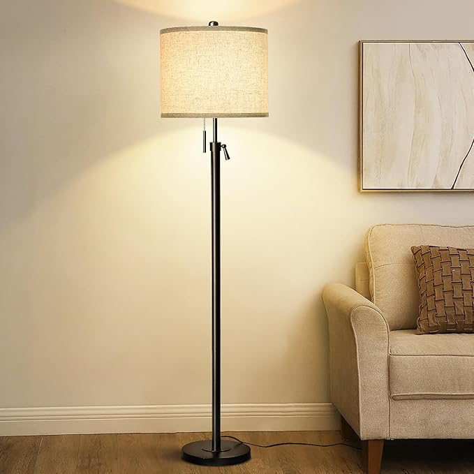 Qingmiao Adjustable Height Floor Lamp for Living Room, Black Standing Lamp for Bedroom Office, Modern Tall Lamp with Linen Shade, 3-Way Dimmable 8W 3000K LED Blub Included (Black)