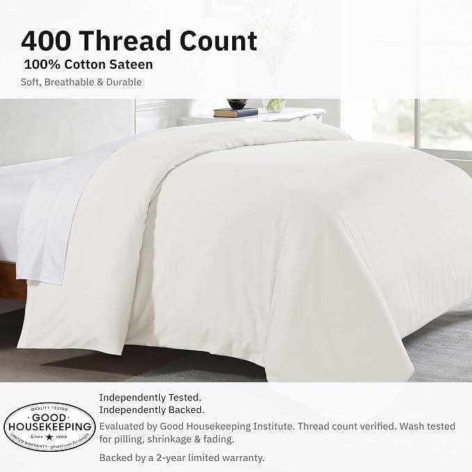 California Design Den Soft 100% Cotton Sateen Full/Queen Duvet Cover | Duvet Cover Only, Comforter Not Included, Backed by Good Housekeeping Seal, Button Closure & Corner Ties - Ivory (Pale Tone)
