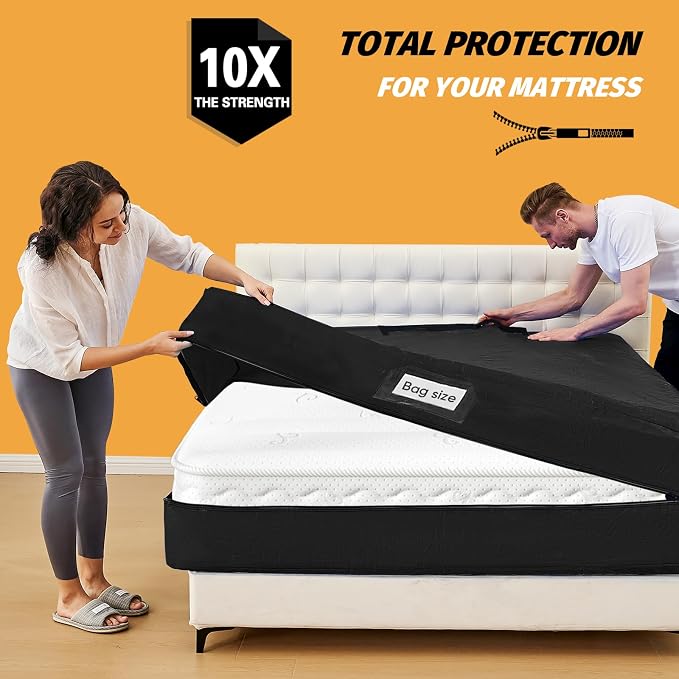 Mattress Bags for Moving, BETU Mattress Protector Waterproof Mattress Cover Twin Size Storage Bags with 8 Heavy-Duty Handles and Zipper for College Bed Extra Thick Large (77"x42"x15",Classic Black)
