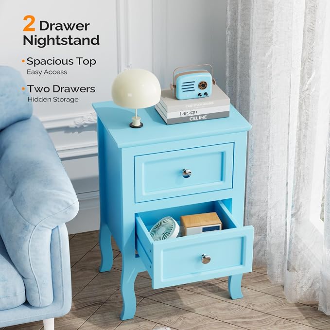 Bonnlo Nightstand Set of 2, Nightstands with 2 Drawers, Blue Nightstand, Bed Side Table/Night Stand, Small Nightstands for Bedroom, Small Spaces, College Dorm, Kids’ Room,Living Room, Wood,16W*12D*24H