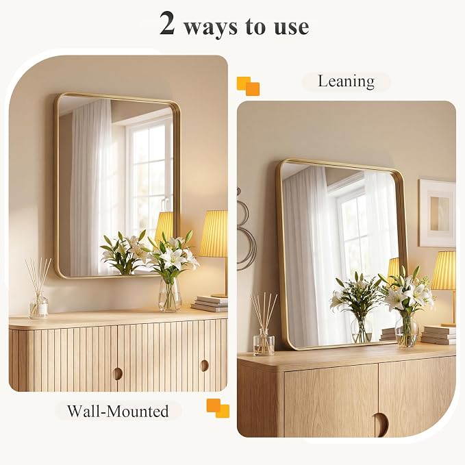 NEWBULIG Bathroom Mirror for Over Sink, 20X28 Inch Wall Vanity Mirror | Wall Mount, Tempered Glass, Anti-Rust Metal Framed, Rounded Rectangle, Farmhouse Home Decor, Gold