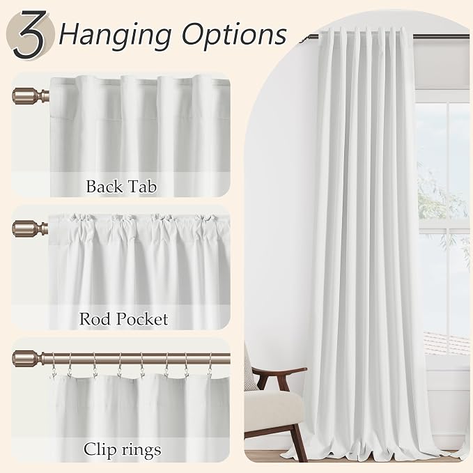 White 100% Blackout Linen Curtains 102 Inch Length 2 Panels Set for Living Room Bedroom Back Tab Rod Pocket Thermal Insulated Black Out Drapes Room Darkening Farmhouse Window Curtains,52x102