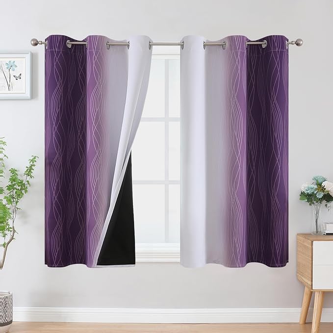 Purple and Greyish White Ombre Blackout Curtains for Bedroom 54 Inches Long | Estelar Textiler Room Darkening,Light Blocking,Thermal Insulated Grommet Short Window Drapes for Bathroom,42Wx54L,2 Panels