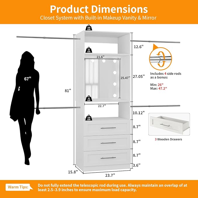 Closet Organizer System with 3 Drawers, 2FT-9.8FT Modular Closet Insert with Lighted Mirror and 4 Adjustable Hanging Rods, Closet System for Custom Closet Organization, White