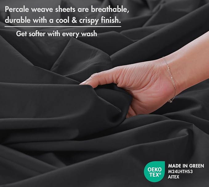 RUVANTI 100% Cotton Percale Sheets Split King Size, Jet Black | Crisp Cooling, Deep Pocket 16", Soft Breathable & Durable, Hotel-Style, 5 Piece Set