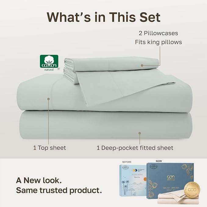 California Design Den 100% Cotton Sateen King Sheet Set, 4 Pcs, Silver Sage | Soft 500 Thread Count Backed by Good Housekeeping Seal, 16" Deep Pocket, All-Around Elastic, Durable, Easy Care