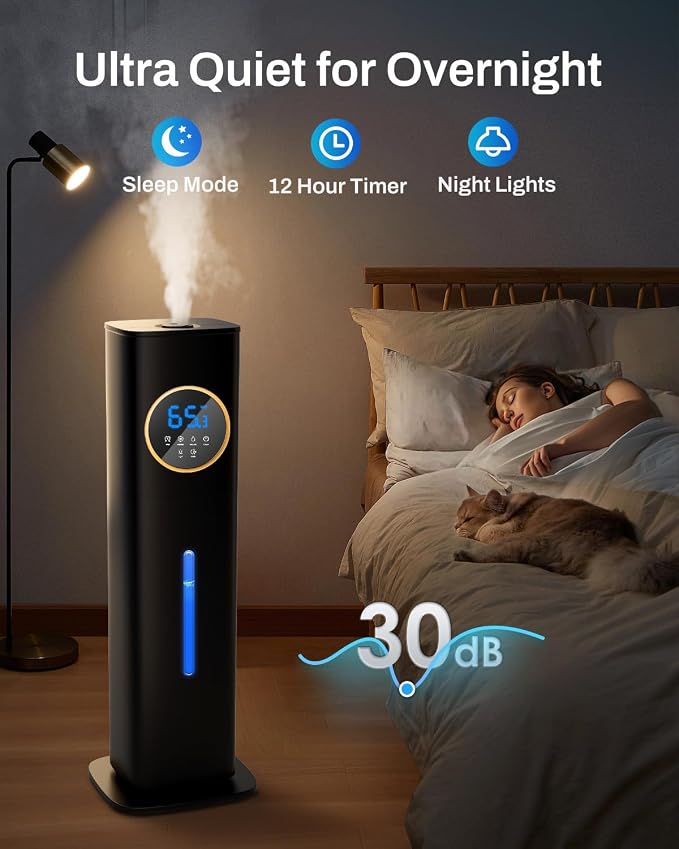 Lacidoll 8L Large Humidifier for Bedroom Large Room Home 800 sq ft, Black | 48H Top Fill Cool Mist Humidifier for Baby Nursery, Humidity Control, Night Light, Essential Oil Tray, Safe for Plants & Pets