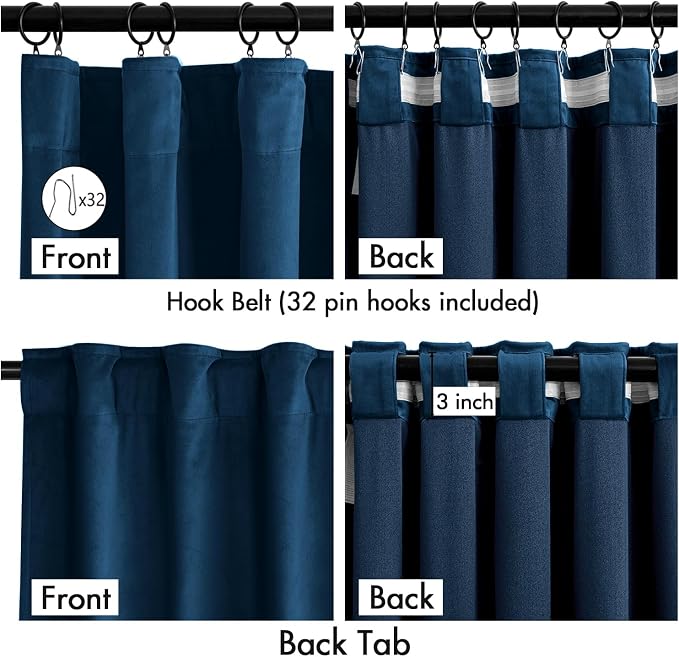 MIULEE Velvet Curtains 50W x 84L 2 Panels Navy Blue Blackout Curtains | Luxury velvet fabric, pinch pleat design, back tab hooks, thermal insulated, blackout light blocking, for living room bedroom