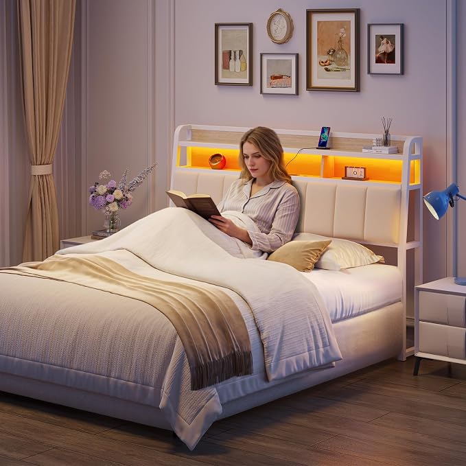 ComfyCorner Queen Size Headboard with Storage & LED Light, Off White | Upholstered Ergonomic Head Board with Power Outlets & 2-Tier Storage, Queen Headboard Only, Bed Frame Mounting, Heavy Duty