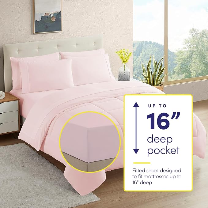 Sweet Home Collection 5 Piece Comforter Set Bag Solid Color All Season Soft Down Alternative Blanket & Luxurious Microfiber Bed Sheets, Pale Pink, Twin