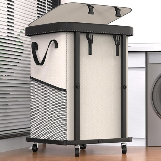Laundry Basket with Wheels,150L Leather Patchwork Rolling Hamper Carts | Sturdy Metal Frame, Removable Washable Bag, Tall Clothes Sorter for Bedroom, Laundry Room - Beige
