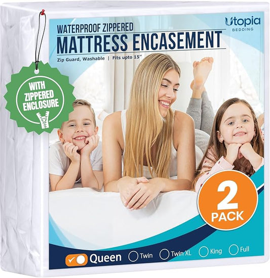 Utopia Bedding Queen Mattress Protector Zippered 2 Pack, 100% Waterproof | Bed Bug and Dust Mite Proof Mattress Encasement, Absorbent 6 Sided Mattress Cover fits upto 15" deep, Machine Washable