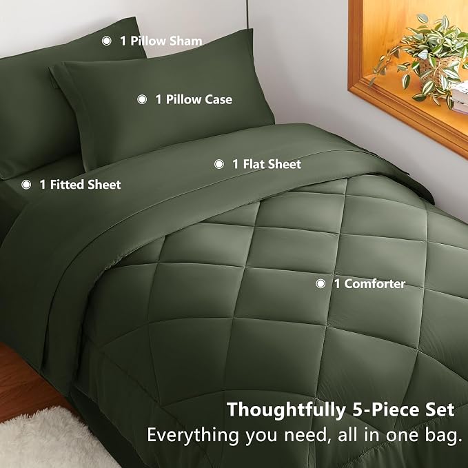 Twin XL Comforter Set Dark Green - 5 Pieces Complete Bedding Set | College Dorm Essentials, OEKO-TEX Certified, All Season, 240GSM Down-Alternative Comforter, Sheets, Pillowcase & Sham