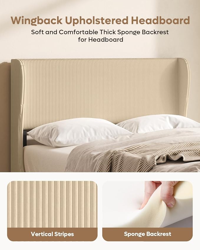 Bestier Full Bed Frame with Wingback Headboard,Upholstered,Taupe | Wooden Slats Support,Easy Assembly,Wingback Headboard,No Squeaks,Vertical Channel Corduroy Upholstered,No Box Spring Needed