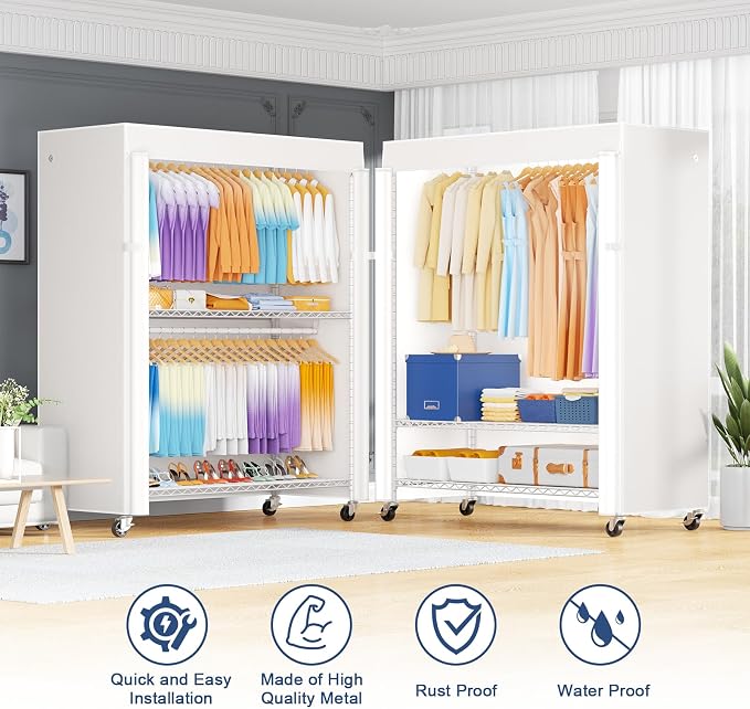 P8C Max Heavy Duty Clothes Rack（With Extended Width Design） Rolling Clothing Racks for Hanging Clothes with Lockable Wheels，51.2"W x 15.8"D x 80.5"H，Load 800LBS，White Rack with White Cover