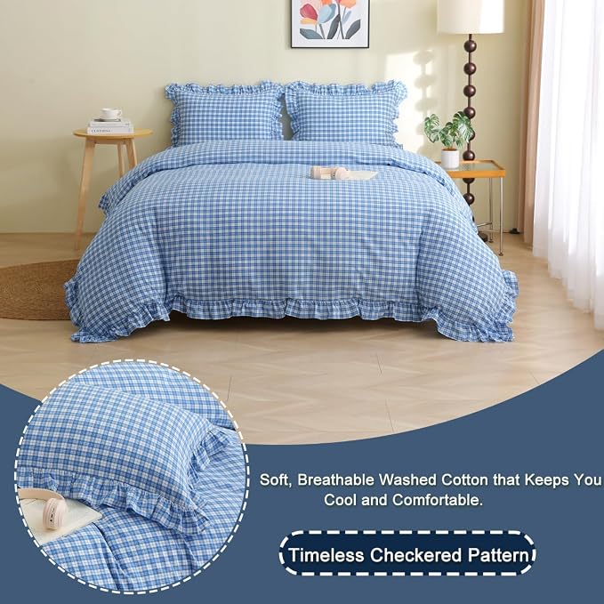 Silnuo Pastel Blue/White Plaid Ruffle Duvet Cover Set King Size | 100% Washed Cotton Farmhouse Gingham Checkered Bedding Set Vintage 3-Piece Comforter Cover Set(King,Pastel Blue/White)