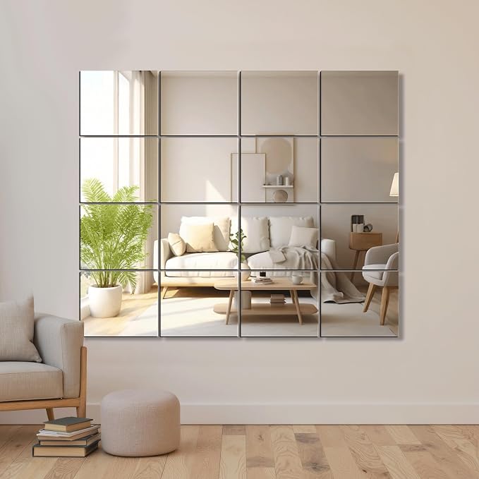 Frameless Mirror Tiles 12"x10"x16 Pcs Wall Mounted | Shatter Resistant, Full Length, Tempered Glass Panels, For Home Gym Bathroom Bedroom & Living Room Decor