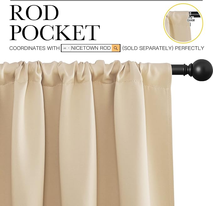 NICETOWN Biscotti Beige Blackout Curtains for Bedroom 42" x 63" 2 Panels | Triple Weave Home Decoration Thermal Insulated Solid Window Drapes for Living Room, Light Blocking Noise Reducing Decoration