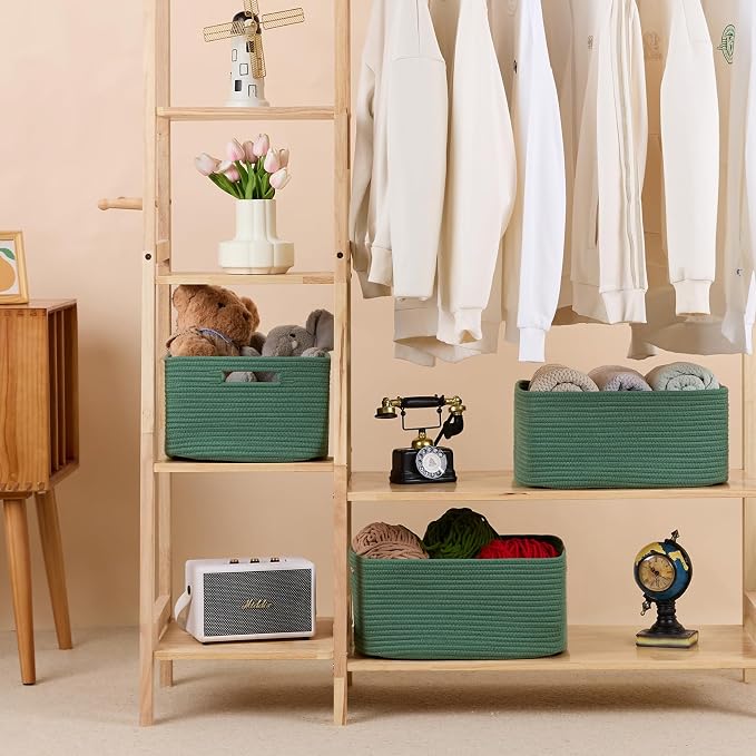 MiniArk Large Storage Baskets for Shelves, 17 x 13 x 7.5” Closet Organizers Bins for Clothes Blanket Towels, Baby Nursery, Toy Baskets Box, Woven Rope Baskets, 2 Packs Green