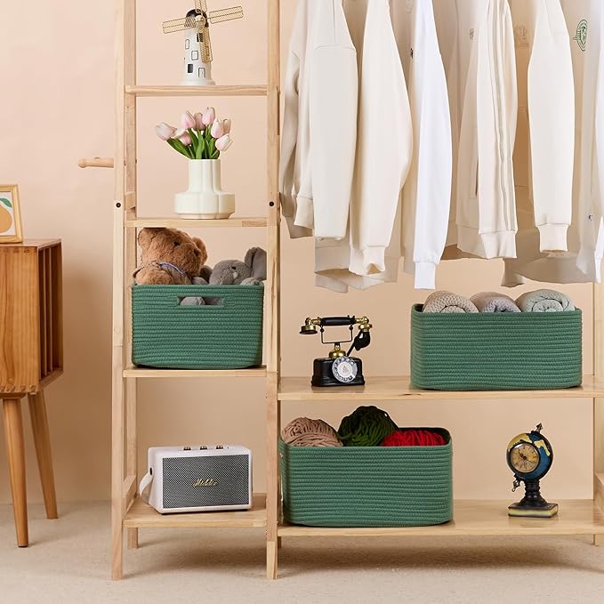 MiniArk Large Storage Baskets for Shelves, 17 x 13 x 7.5” Closet Organizers Bins for Clothes Blanket Towels, Baby Nursery, Toy Baskets Box, Woven Rope Baskets, 3 Packs Green