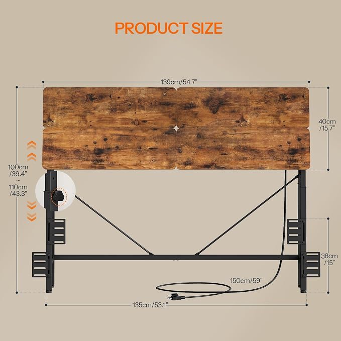 HOOBRO Height-Adjustable Headboard with Outlets, Headboard Full Size Only | Headboard with Storage, Outlets, USB Ports, Full Size Headboard Only, Metal Headboard with Adapters for Bed, Rustic Brown
