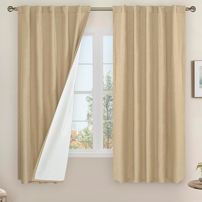 63 Inch 100% Blackout Linen Curtains for Bedroom 2 Panels, Burlap | Thermal Insulated, Privacy, Short Window Curtains, Room Darkening Panels, Rod Pocket Back Tab, with White Liner, 42 x 63 Inch