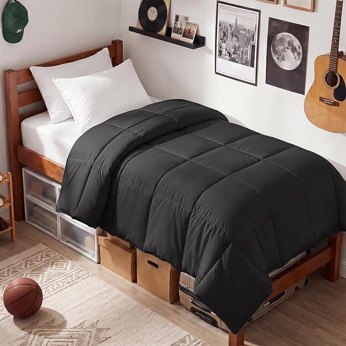 EASELAND Twin XL Down Alternative Comforter, Black, 68x92 Inches | Quilted Duvet Insert for College Dorm, Soft Lightweight Bedding with Corner Tabs, Breathable Machine Washable Dorm Essentials