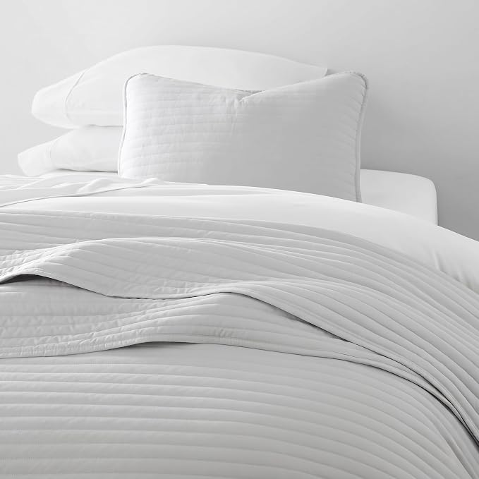 Merit Linens Modern Quilt Coverlet Soft Set in Stripe Stitching - Twin/TwinXL Light Gray