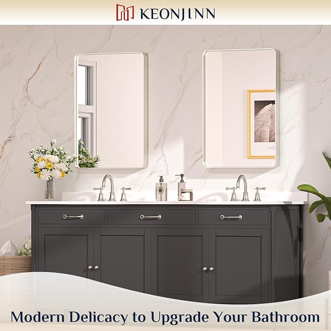 Keonjinn 20 x 30 Inch Brushed Nickel Bathroom Mirrors for Over Sink | HD Tempered Glass, Silver Vanity Mirror, Rust-Resistant Aluminum Frame, Rounded Rectangle, French Cleat Mount, Home Décor