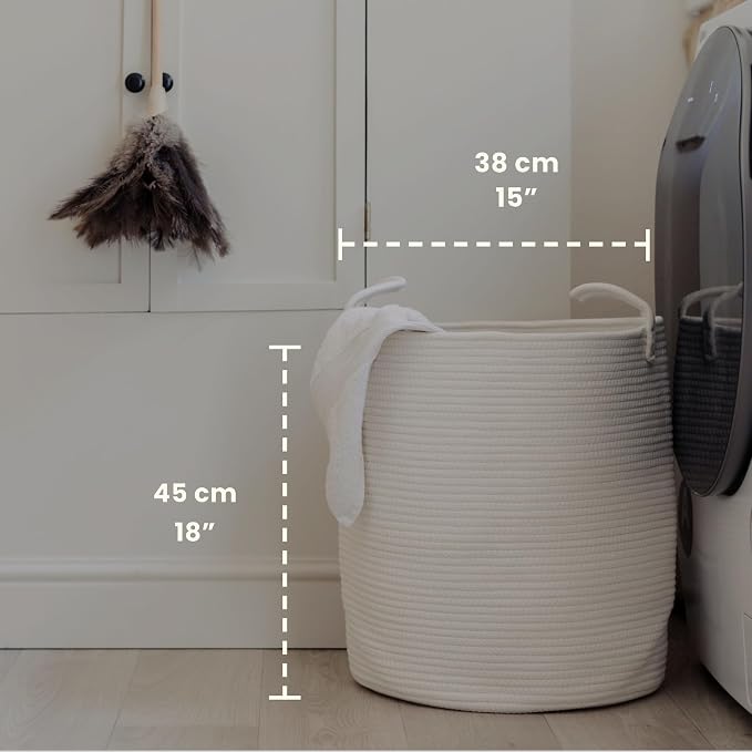 OrganiHaus Tall Cotton Rope Laundry Basket & Hamper, Blanket Storage 52L | Full Off-White - Tall Cotton Rope Hamper, 52L
