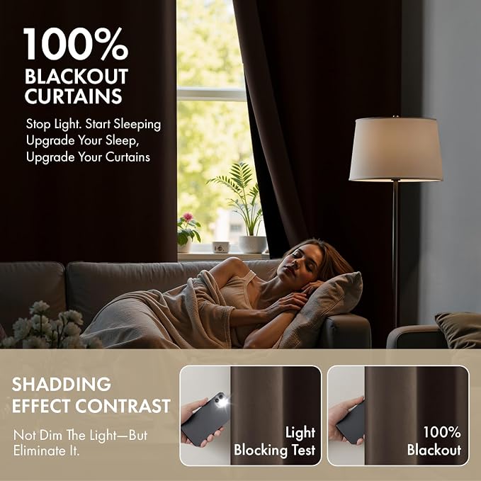 MIULEE Chocolate Brown 100% Blackout Curtains for Bedroom 40x45 Inch Length | 2 Thick Layers Thermal Insulated Short Curtains with Black Liner, Noise Reducing Grommet， Drapes for Living Room, 2 Panels