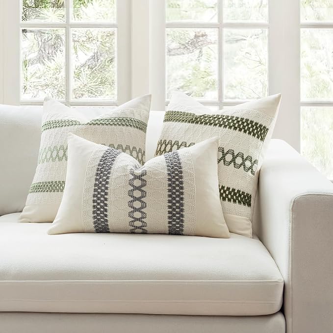 MIULEE Set of 2 Moss Green Boho Decorative Pillow Covers 18x18 Inch | Farmhouse Couch Throw Pillows, Modern Cotton Cushion Covers, Macrame Woven Spring Decor for Bed Sofa Chair