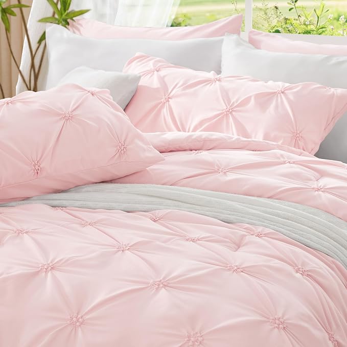 BEDELITE Queen Comforter Set Baby Pink,Lightweight & Soft Comforter | Pintuck Boho Bedding, Warm & Cute Bed Set for All Season,With 2 Pillowcases