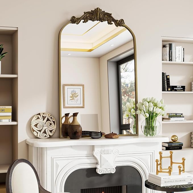 Dewfig Vintage Arched Wall Mirror, 30"x22" Bronze Antique Bathroom Mirror | Ornate Baroque Metal Frame Brass Mirror, Victorian Antique Bronze Mirrors for Living Room, Bathroom, Fireplace, Wall Decor
