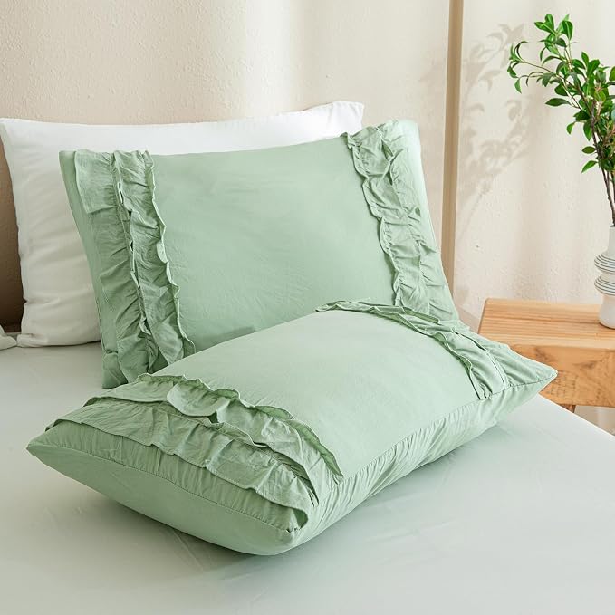 Bedorm Sage Green Ruffled Duvet Cover King Size Bedding Set Pleated Lace Ruffle Shabby Chic Bedroom Decor Extra Soft Cozy Farmhouse Country Style Duvet Cover Sets