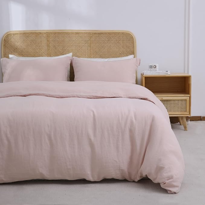 Simple&Opulence 100% Linen Duvet Cover Set 3pcs Basic Style Natural French Washed Flax Solid Color Soft Breathable Farmhouse Bedding with Button Closure - Blush Pink, Full