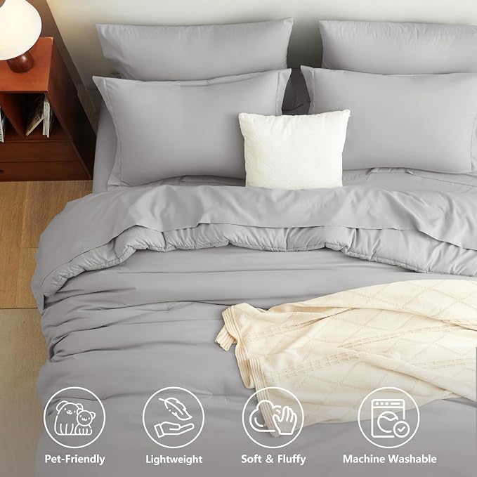 Queen Comforter Set French Grey, 7 Pieces Bed in a Bag | OEKO-TEX Certified, All-Season, Bedroom, 240GSM Down Alternative Comforter, Flat & Fitted Sheets, 2 Pillowcases & 2 Shams