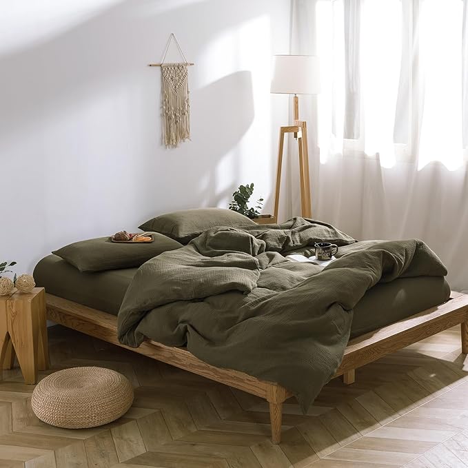 mixinni Olive Green Waffle Weave Duvet Cover Set King, 3-Piece 100% Natural Washed Cotton Triple-Layer Gauze Solid Bedding Set, Soft Breathable Minimalist Comforter Cover with Zipper & Ties-King